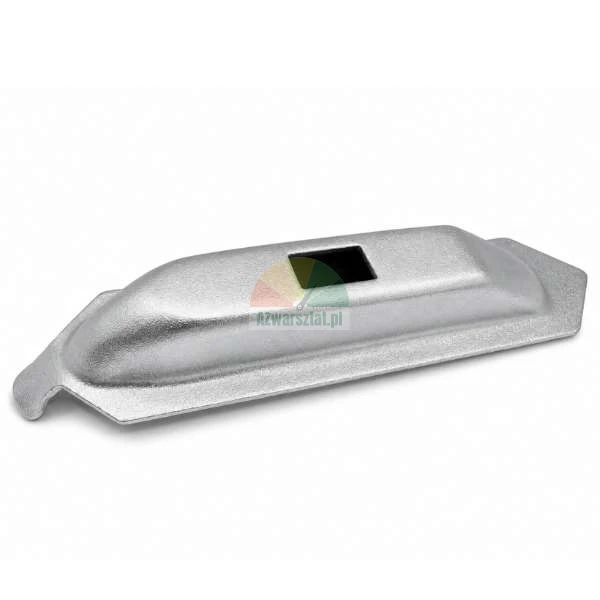 Silver, elongated metal structural component with a square hole in the middle, shown on a white background.