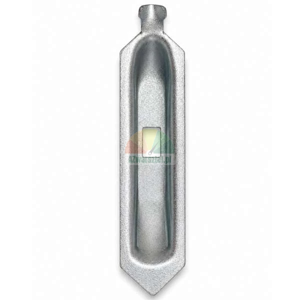 Galvanized metal fence wire tensioner, top view of an oblong component with a rectangular hole in the middle.