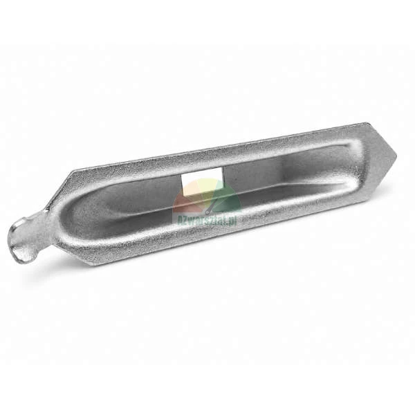 Long metal connecting anchor with a rectangular slot in the center, made of steel.