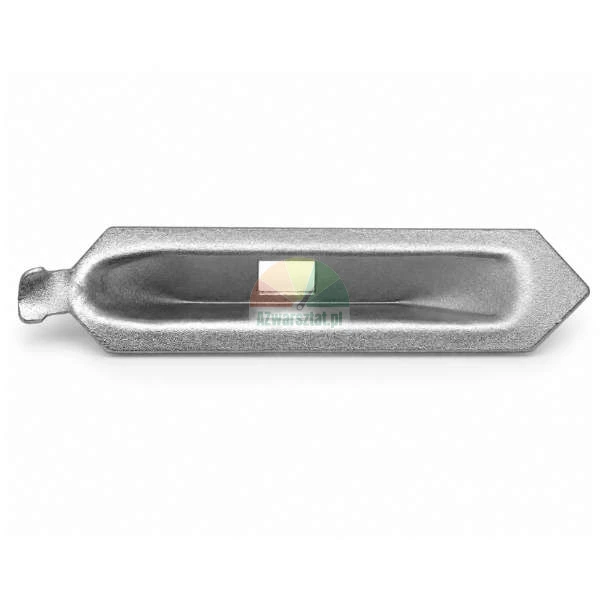 Metal formwork wedge with a rectangular slot in the middle, isolated on a white background.