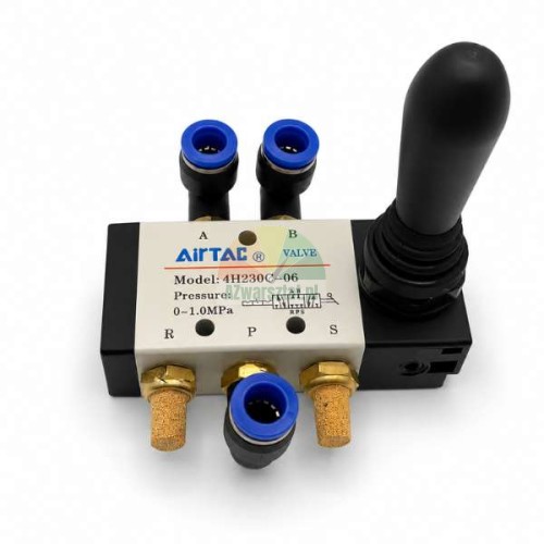 AirTAC manual pneumatic lever control valve with up-down handle, push-in fittings, and brass silencers.