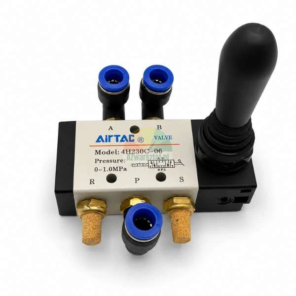 AirTAC manual pneumatic lever control valve with up-down handle, push-in fittings, and brass silencers.