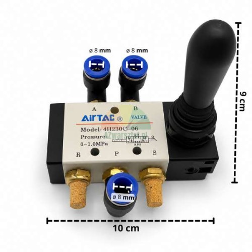 AirTAC manual pneumatic lever control valve with dimensions 10x9 cm and 8 mm fittings.