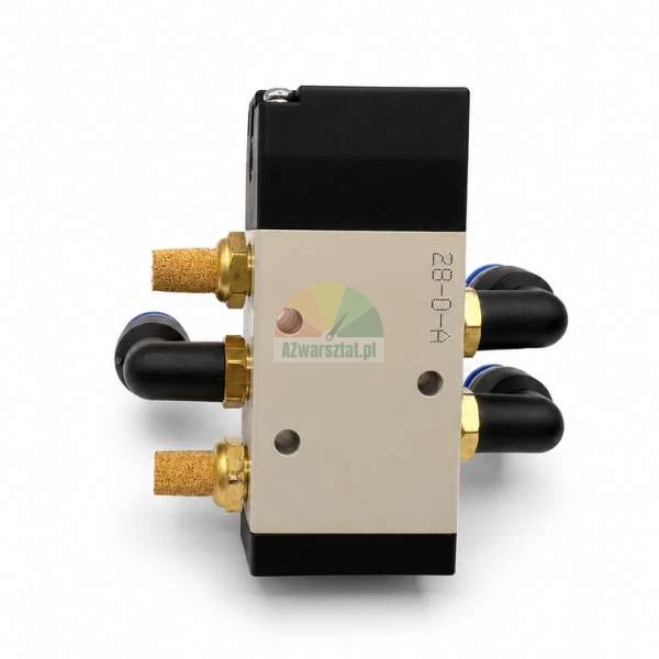 Pneumatic solenoid valve with brass silencers and black elbow fittings on a white background.
