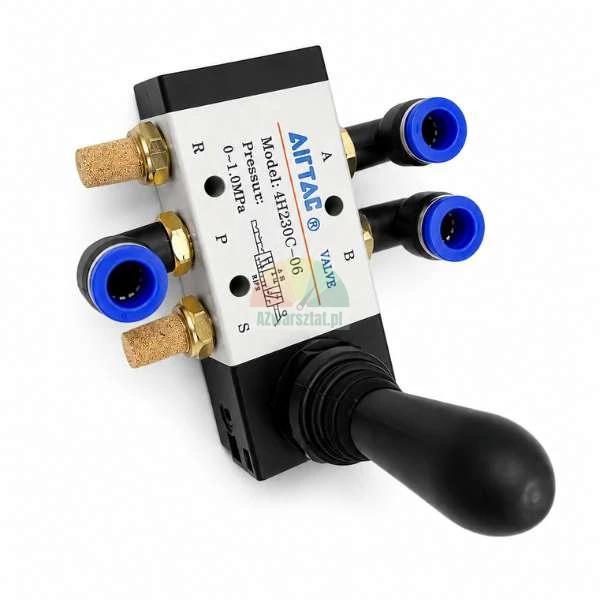 AirTAC 4H230C-06 pneumatic hand lever valve with blue push-in elbow fittings and brass silencers, isolated on a white background.