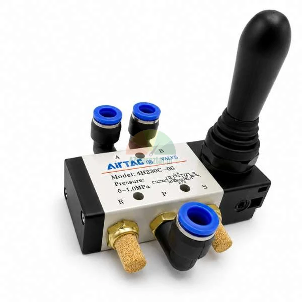AirTAC pneumatic hand lever valve model 4H230C-06 with a black handle, blue push-in fittings, and brass silencers on a white background.