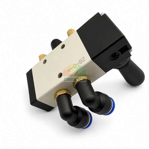 Pneumatic hand lever valve equipped with angled push-in fittings with blue release rings and brass silencers on a white background