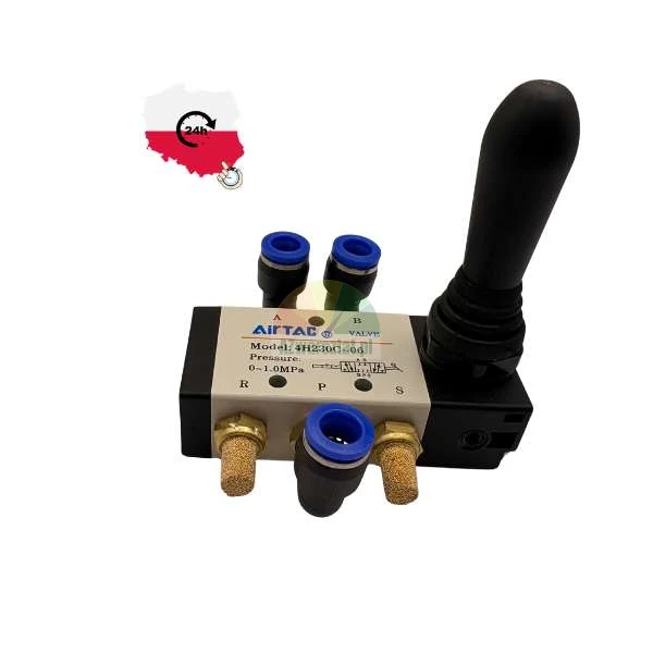 Pneumatic hand lever valve AirTAC model 4H230C-06 with push-in fittings, silencers and a black lever, isolated on a white background.