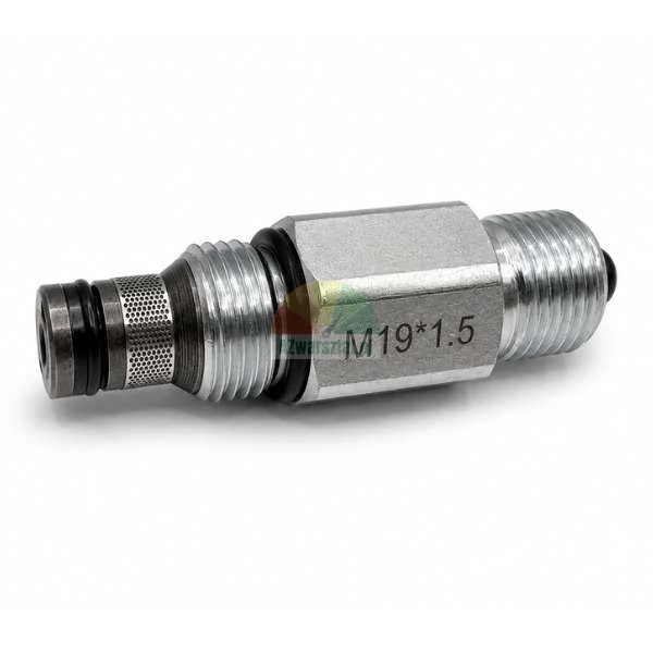 Lowering valve with M19x1.5 thread, metallic hydraulic component with O-rings and mesh filter