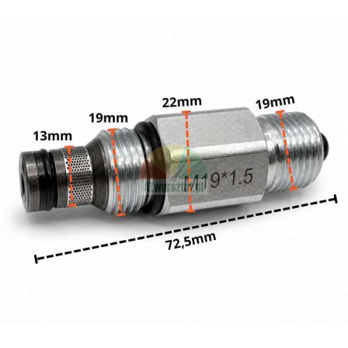 Hydraulic lowering valve with M19x1.5 thread and technical dimensions