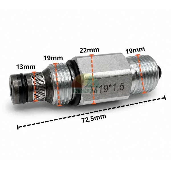 Hydraulic lowering valve with M19x1.5 thread and technical dimensions