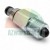 Hydraulic cartridge valve with threaded metal body, a mesh filter, and a black rubber button on a white background.