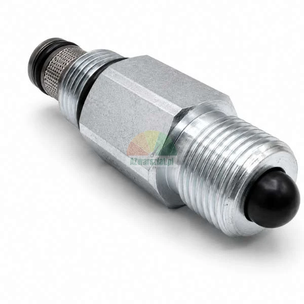 Hydraulic cartridge valve with threaded metal body, a mesh filter, and a black rubber button on a white background.