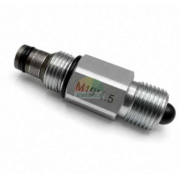 Metallic hydraulic valve with M19*1.5 marking, featuring o-rings and a mesh filter on a white background.