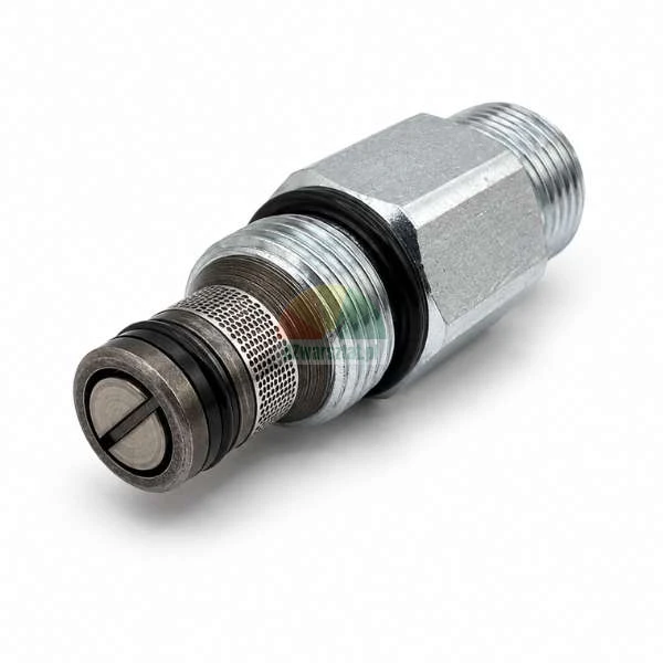 Metal hydraulic cartridge valve with a mesh filter, threaded sections, and rubber o-ring seals on a white background.