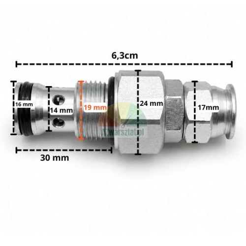 Relief and bypass valve G19mm with marked technical dimensions