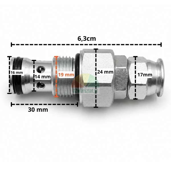 Relief and bypass valve G19mm with marked technical dimensions