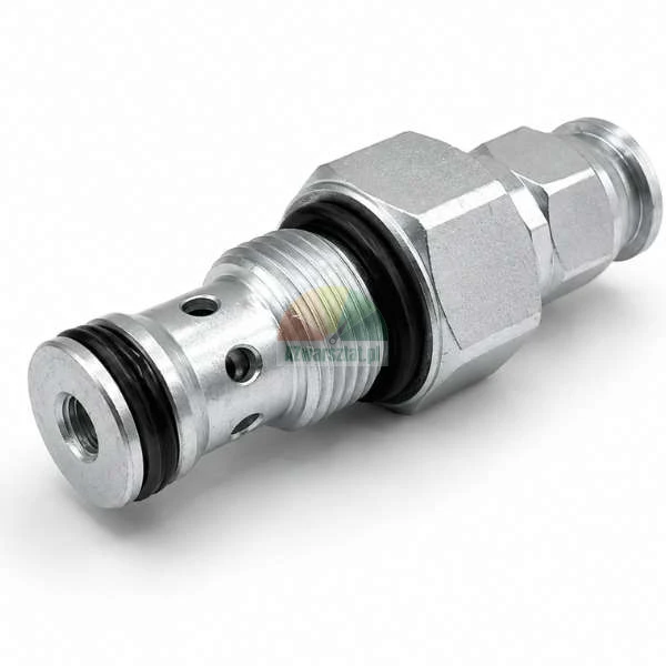 Metal hydraulic cartridge valve with black O-rings and thread on a white background.
