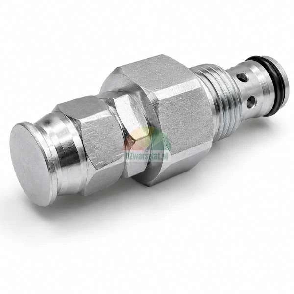 Metallic hydraulic cartridge valve with an O-ring seal on a light background
