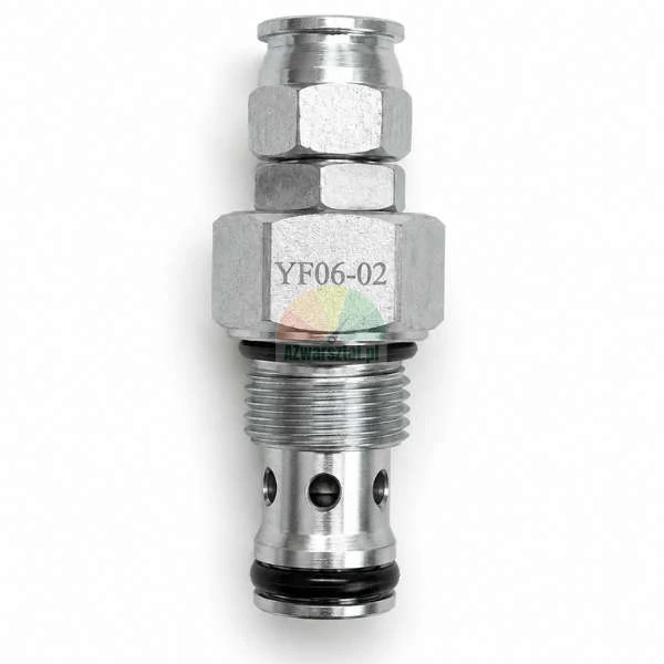 Metallic cartridge valve marked YF06-02 with o-ring seals and thread, isolated on a white background.