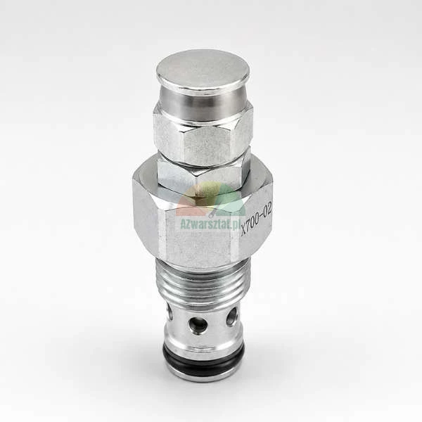 Hydraulic cartridge valve with X700-02 engraving, threaded body, rubber O-ring, and hexagonal nuts, isolated on a white background.