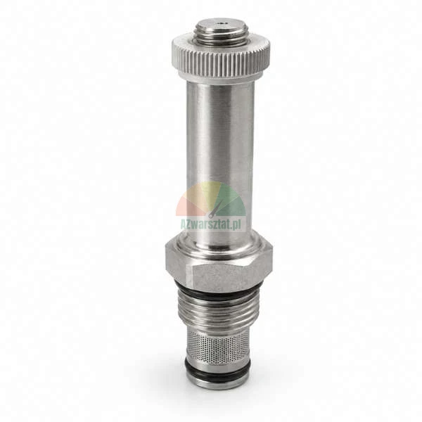 Metallic solenoid valve armature tube with thread, hexagonal nut, and o-ring seals on a white background.