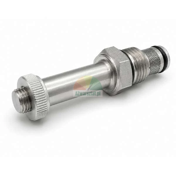 Metal solenoid valve armature tube with thread, mesh filter, and o-ring on a white background.