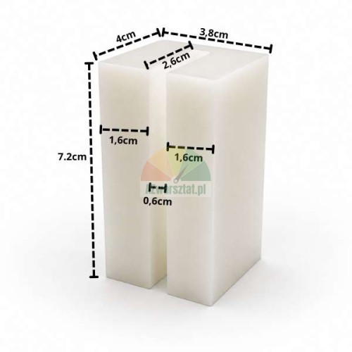 White plastic lift slider block measuring 7.2 x 4 x 3.8 cm with detailed dimensions marked