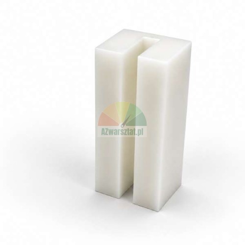 White plastic lift guide slider block measuring 7cm x 3cm x 3cm with a U-shaped slot