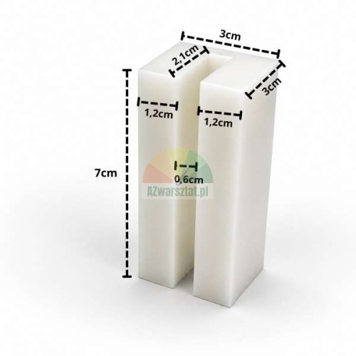 White plastic car lift glide block 7cm x 3cm x 3cm with indicated dimensions