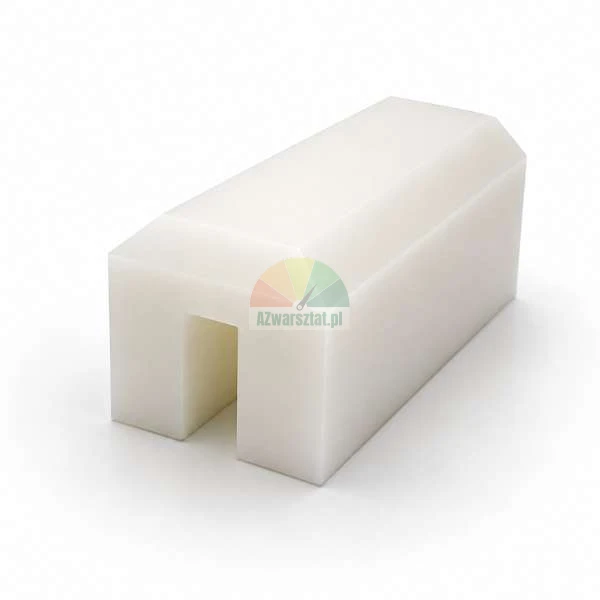 White plastic guide rail block with a U-shaped slot and chamfered top edge on a white background.