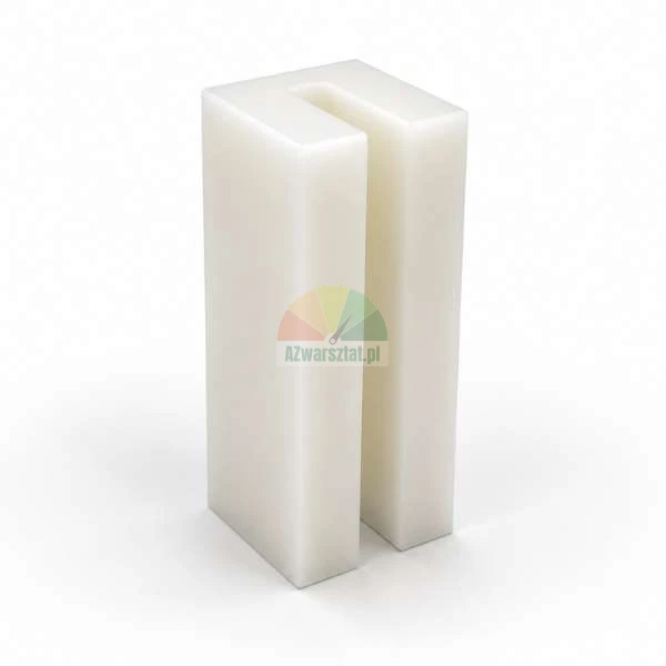 White plastic U-profile slider block standing vertically on a white background.