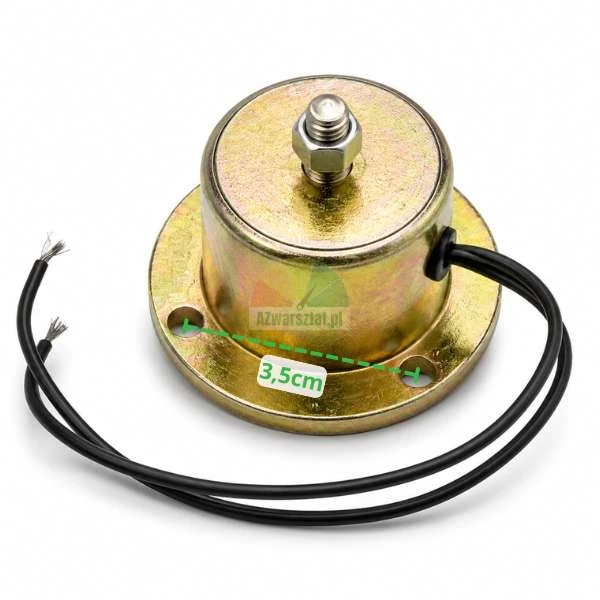 Golden metal holding electromagnet with two black wires, showing a 3.5 cm mounting distance between holes.