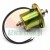 Golden-colored metallic solenoid actuator with two black wires, a threaded stud with nuts, and a mounting flange on a white background.