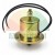 Cylindrical metal solenoid actuator with a yellow-gold finish, a mounting flange at the base, a threaded top pin with two nuts, and two black wire leads on a white background.