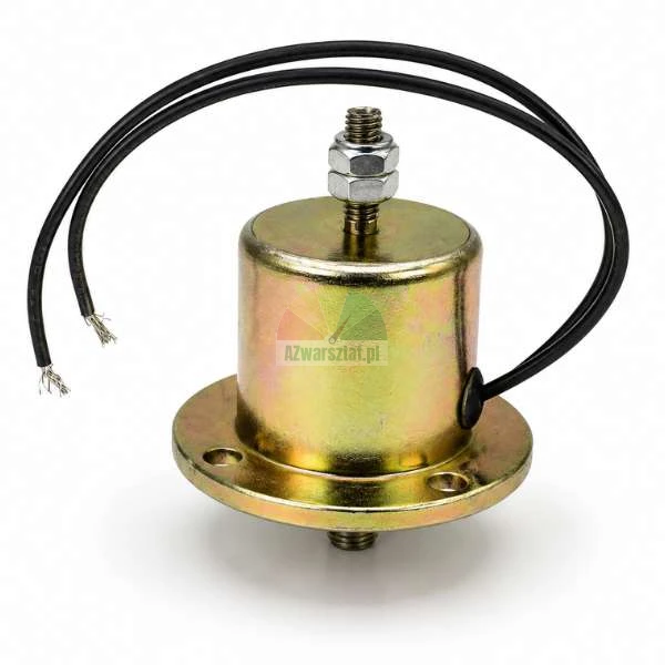Cylindrical metal solenoid actuator with a yellow-gold finish, a mounting flange at the base, a threaded top pin with two nuts, and two black wire leads on a white background.
