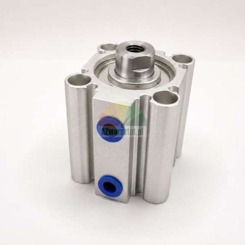 Compact pneumatic cylinder HEZ8448.01 with aluminum body and two blue ports on a white background.