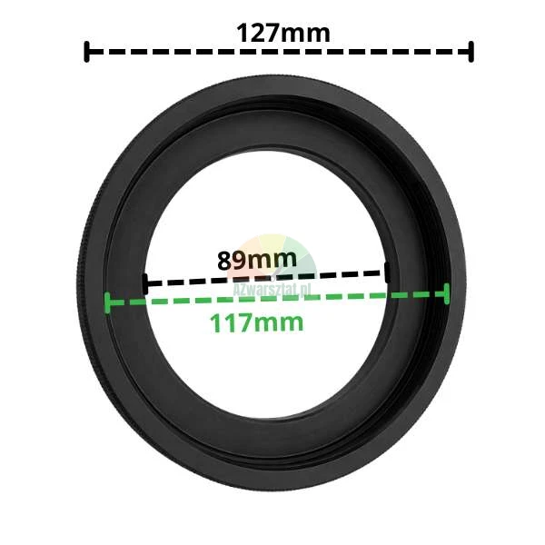 Black metal adapter ring with indicated dimensions: outer diameter 127mm, inner diameter 89mm, and intermediate internal thread diameter 117mm.