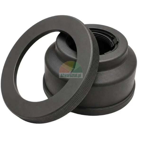 Black metal adapter ring with a knurled edge resting against a threaded dome-shaped adapter sleeve on a white background.