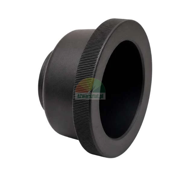 Black metal adapter with a knurled grip ring, shown on a white background.