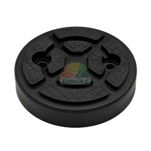 Round rubber jack pad, 11.7 cm diameter, with textured surface and mounting holes for car lifts.