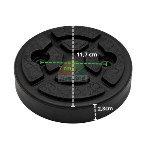 Round rubber pad for car jack with dimensions 11.7 cm diameter, 2.8 cm height and 7 cm hole spacing