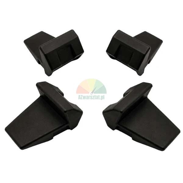 Set of four black plastic mounting elements or protective feet on a white background.