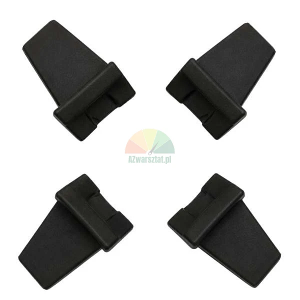 Four black plastic mounting clips on a white background, arranged symmetrically.