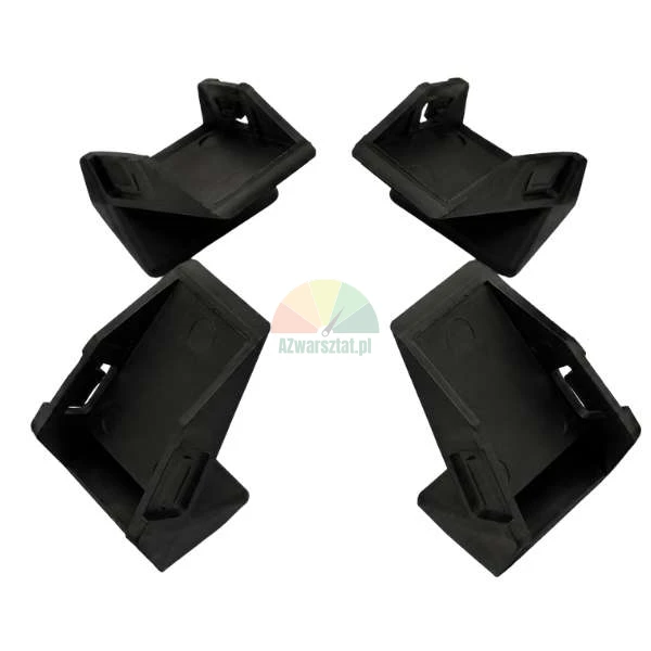Set of four black plastic mounting corners on a white background