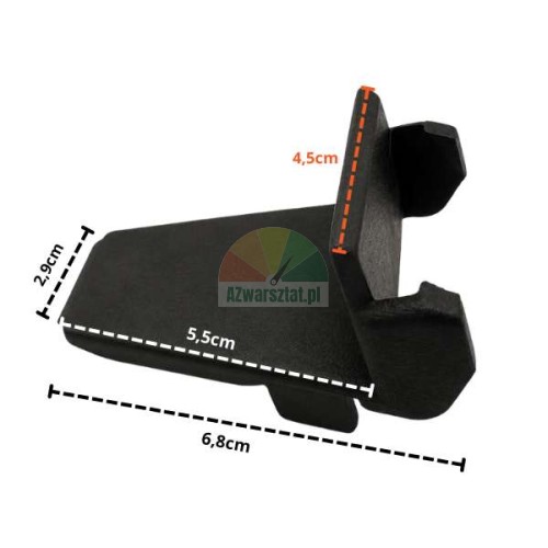 Black plastic jaw protector for tire changer with dimensions.