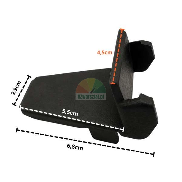 Black plastic jaw protector for tire changer with dimensions.