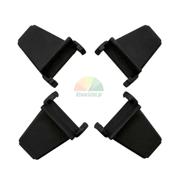Four black plastic mounting clips arranged symmetrically on a white background.