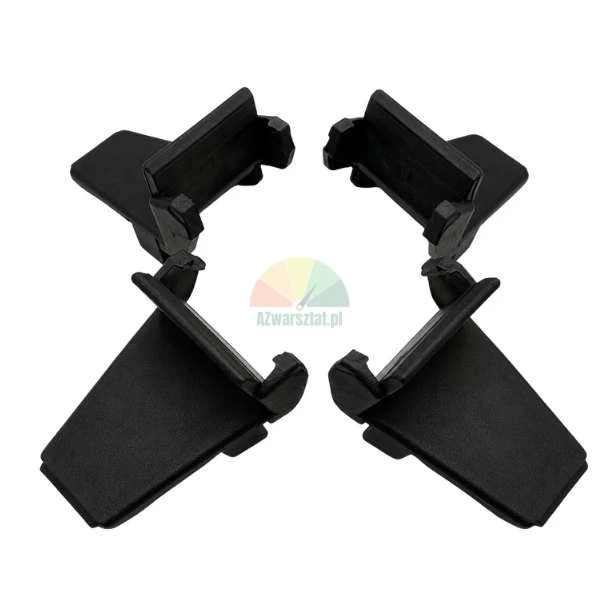 Four black plastic mounting elements or clips, arranged symmetrically on a white background.