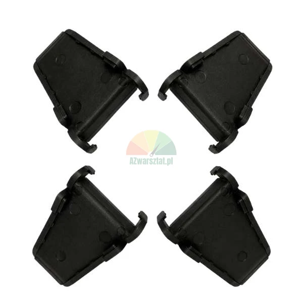 Four black plastic mounting clips or brackets arranged on a white background.